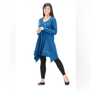 Holy Clothing Blue Boho Embroidered V Neck Tunic Top 2X Handkerchief Hem Rayon